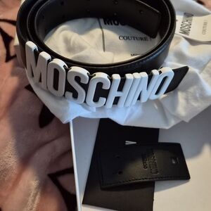 Moschino Black Belt with White Logo Sz 54